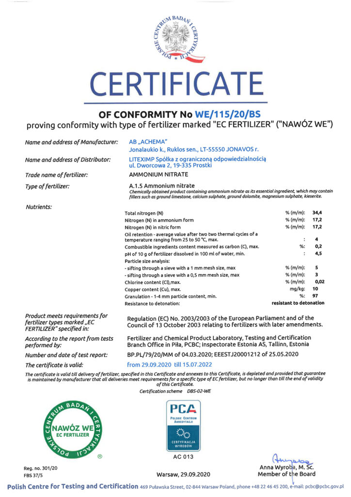 ammonium nitrate - certificate of conformity
