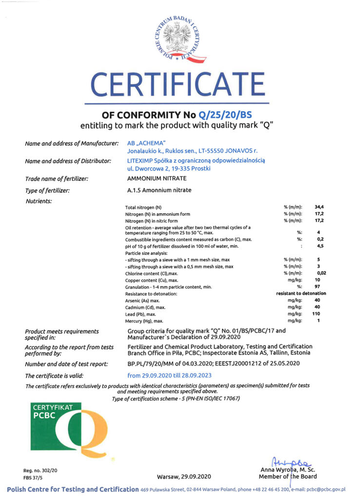 ammonium nitrate - certificate q